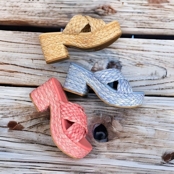 NWT!! RAFFIA NATURAL CRISS CROSS PLATFORM CHUNKY HEEL SLIDE SANDAL - Picture 10 of 11